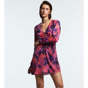 Zara Front Tie Ruched Sleeves Mini Floral Dress Red Purple satin effect Small